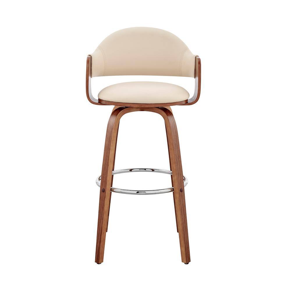 Daxton 26" Cream Faux Leather and Walnut Wood Swivel Bar Stool