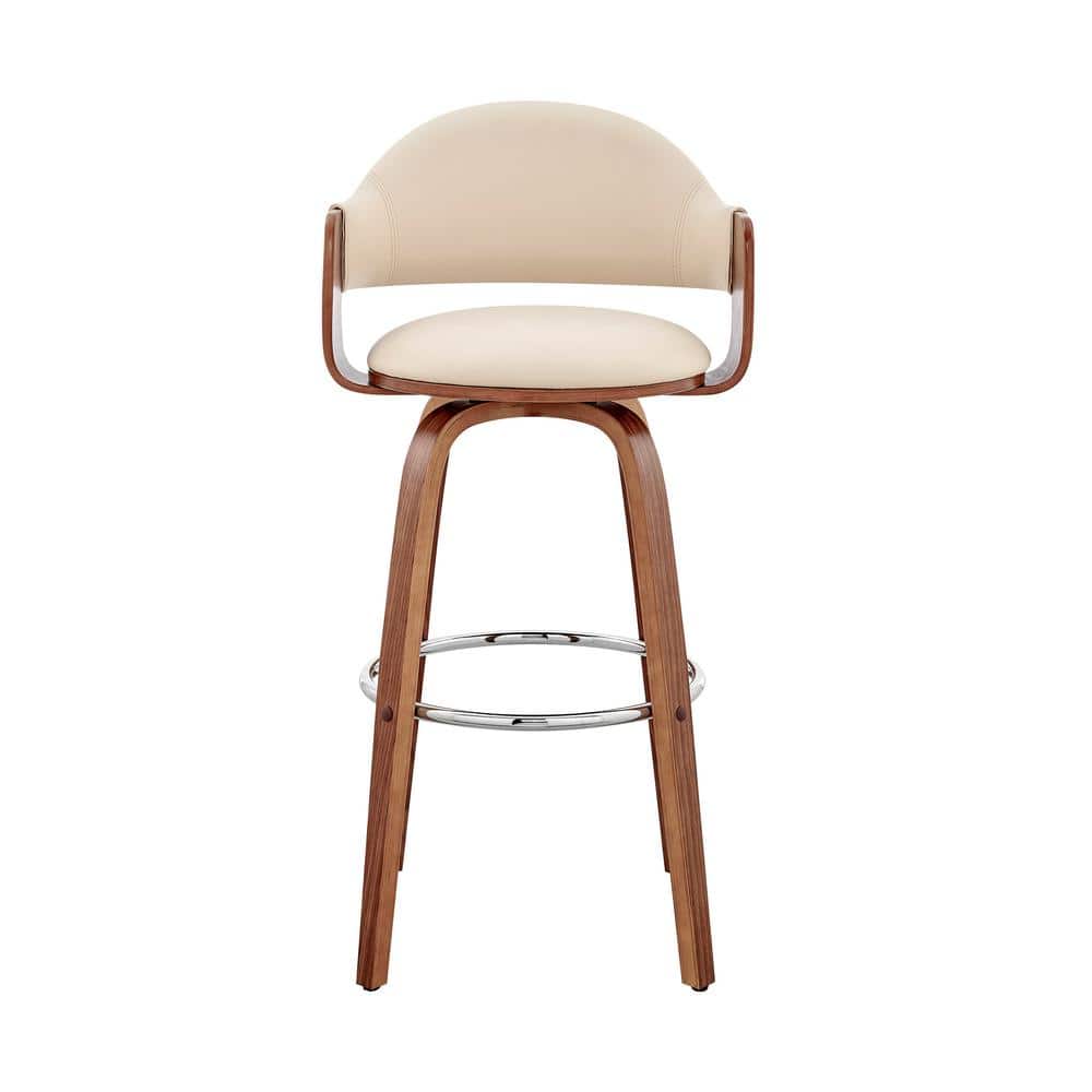 Cream Faux Leather and Walnut Wood Swivel Bar Stool