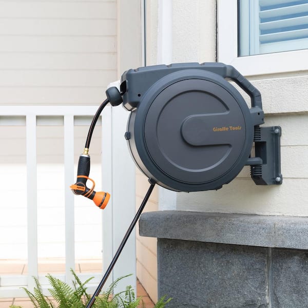 Giraffe Tools Garden Retractable Hose Reel-1/2 in. to 130 ft. Metal  Bracket, Wall Mounted, Dark Grey AW4012US-MB - The Home Depot