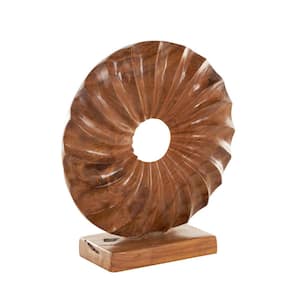 Brown Teak Wood Handmade Dimensional Circular Abstract Sculpture with Center Cutout