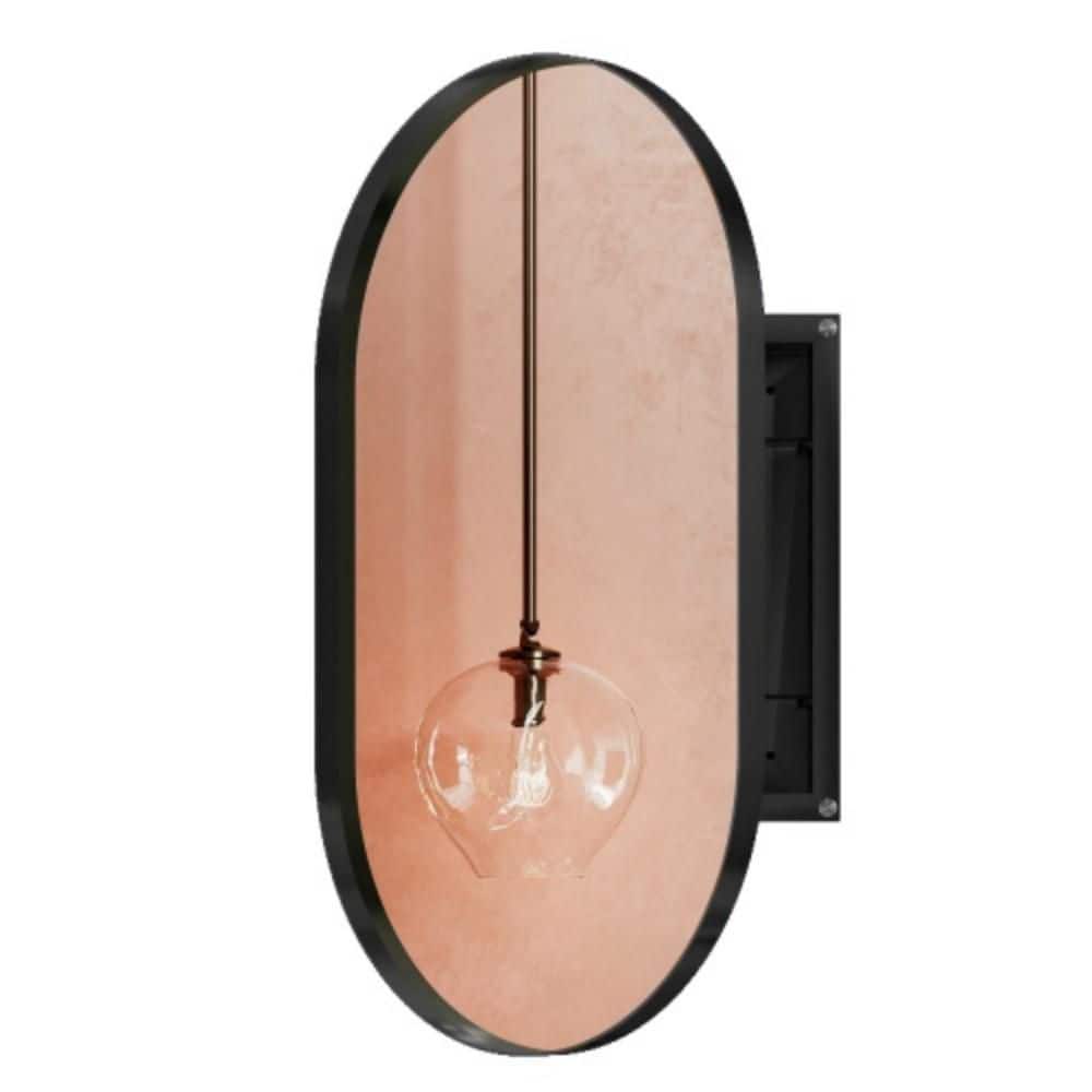 FS 20 in. W x 34 in. H Round Black Metal Medicine Cabinet with Mirror