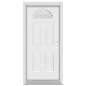 32 in. x 80 in. Geometric Left-Hand Half Moon Lite Brass Finished Fiberglass Oak Woodgrain Prehung Front Door