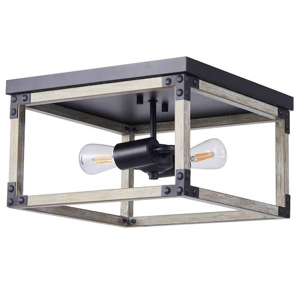 12 in. 2-Light Wood Grain Rustic Industrial Flush Mount