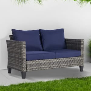 Gray 1-Piece Wicker Outdoor Loveseat with Navy Blue Cushions