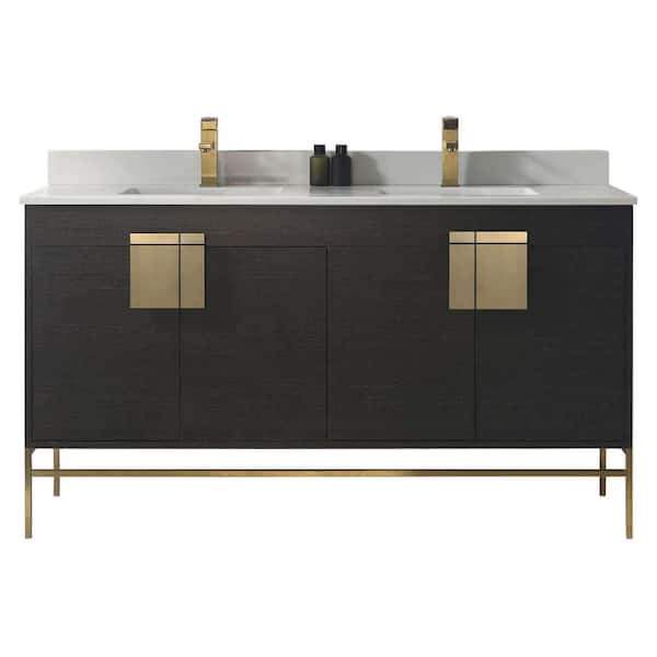 FINE FIXTURES 60 in. W x 20.47 in. D x 33.5 in. H Bath Vanity in Black Oak Straight Grain with Phoenix Stone Vanity Top in White