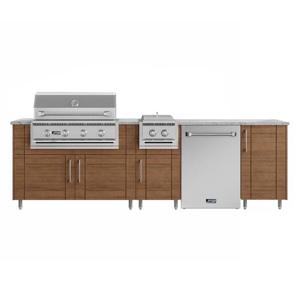 Nightfall 126 in. W 4-Burner Propane Grill Island in Sanibel Teak Brown with Fridge and Side Burner