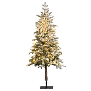 6 ft. Pre-Lit Hinged Pencil Artificial Christmas Tree Snow-Flocked with Metal Stand