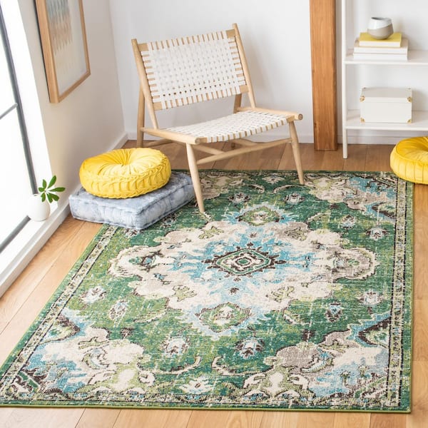 Madison Green/Light Blue 5 ft. x 5 ft. Border Floral Oriental Square Area Rug