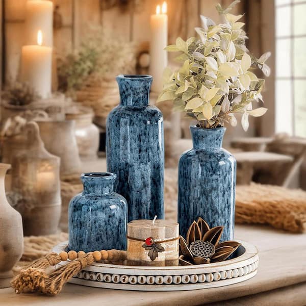Blue 3 in. x 10 in. Ceramic Modern Decorative Vase, (Set of 3)