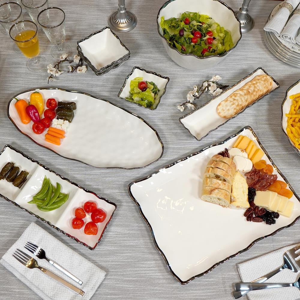 Elegant Silver Rimmed Rectangular Ceramic Serving Platter, 16 inches