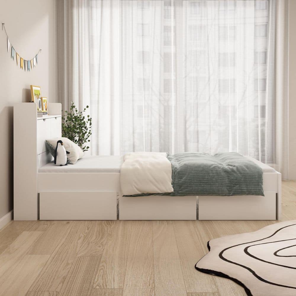 White Wood Frame Twin Bed Platform Bed Storage Bed with 3-Wheels Drawers and Headboard - thumbnail 8