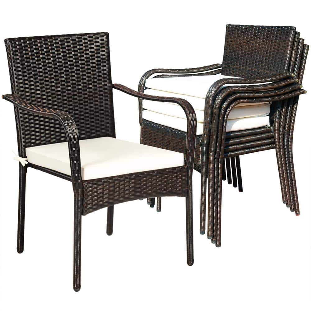 Set of 4 Brown Rattan Outdoor Dining Chairs with White Cushions