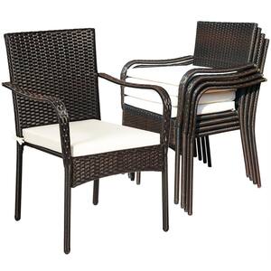 Cushioned Wicker Outdoor Dining Chair Stackable with CushionGuard Beige Cushions Armrest Garden (4-Pack)
