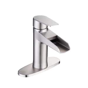 Waterfall Single Handle Single Hole Low-Arc Bathroom Faucet with Deckplate and Drain Kit Included in Brushed Nickel