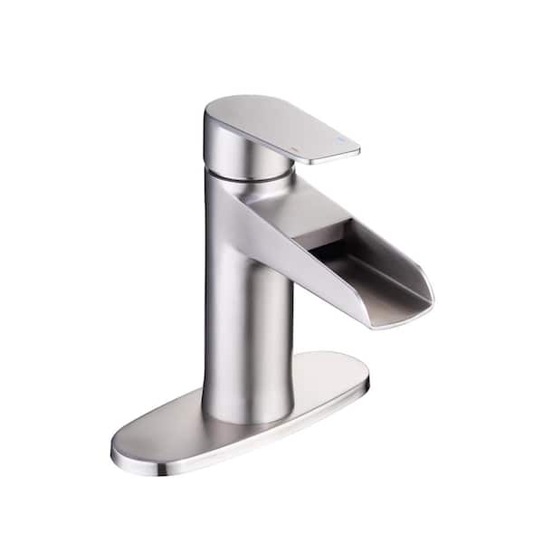Unbranded Waterfall Single Handle Single Hole Low-Arc Bathroom Faucet with Deckplate and Drain Kit Included in Brushed Nickel