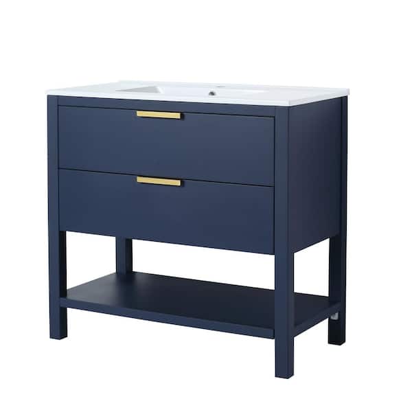 Unbranded 35.9 in. W x 18.3 in. D x 33.5 in. H Freestanding Bath Vanity in Navy Blue with Ceramic Basin