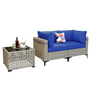 Apollo 3-Piece Wicker Outdoor Patio Conversation Seating Set with Navy Blue Cushions