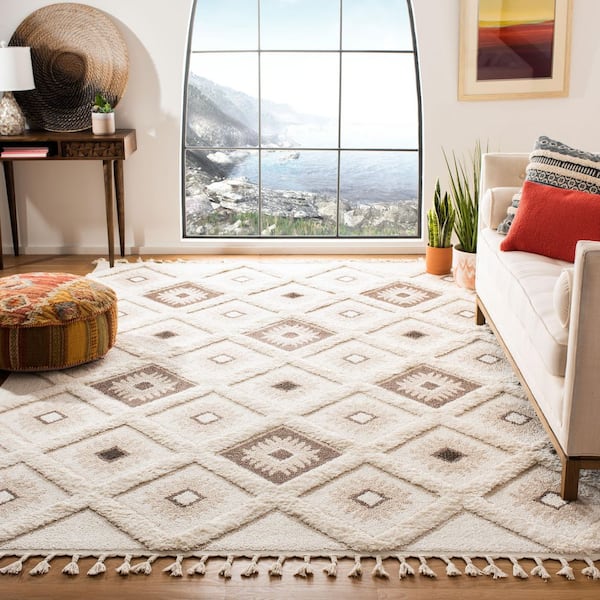 Moroccan Tassel 10 ft. x 14 ft. Ivory/Brown Geometric Area Rug