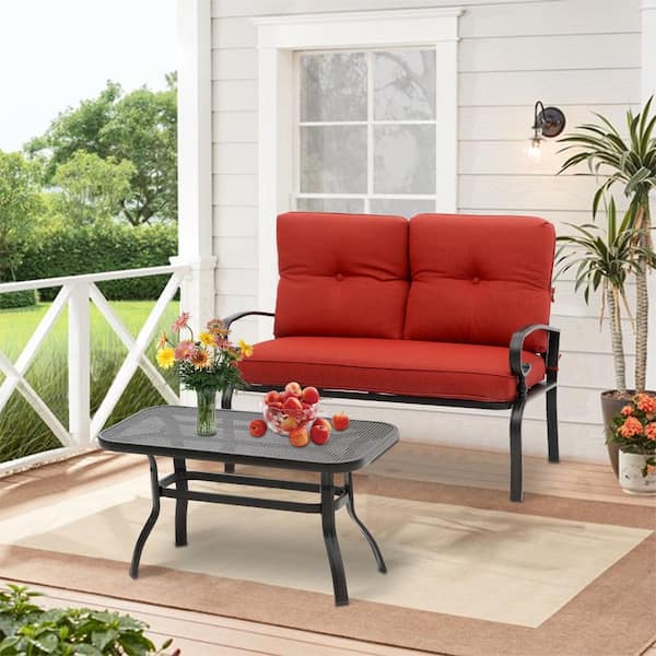 Suncrown 2-Piece Metal Patio Conversation Seating Set with Red Cushions