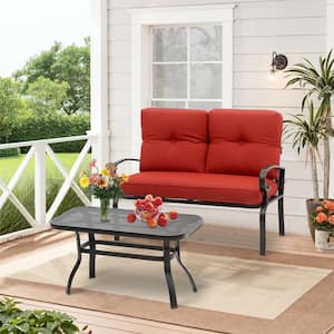 2-Piece Metal Patio Conversation Seating Set with Red Cushions