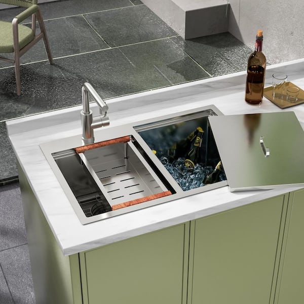 30 in. Drop-in Sink Double Bowl 16-Gauge Stainless Steel 13 in. Deep Outdoor Insulated Ice Chest Kitchen Sink with Cover