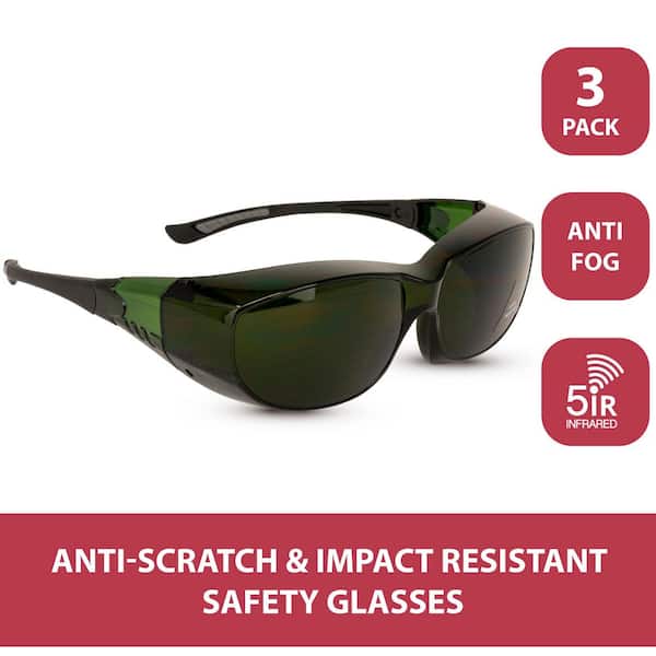 BISON LIFE PrimeX, Green IR5 Welding Safety Glasses, Anti-Fog-Scratch Wrap Around Lenses, (3-Pairs)