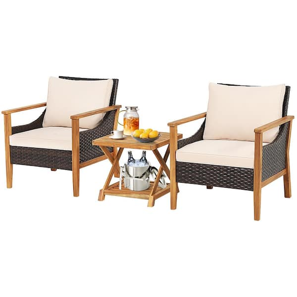 Gymax 3 Piece PE Wicker Patio Outdoor Bistro Set Acacia Wood Set with 2-Tier Coffee Table and Cushions