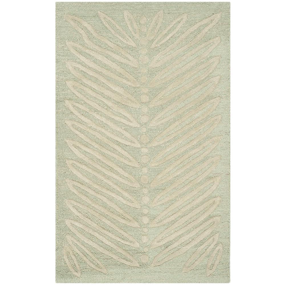 Handmade Green Wool and Viscose Chevron Leaves Rug