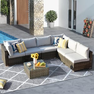Messi Gray 7-Piece Wicker Outdoor Patio Conversation Sectional Sofa Set with Gray Cushions