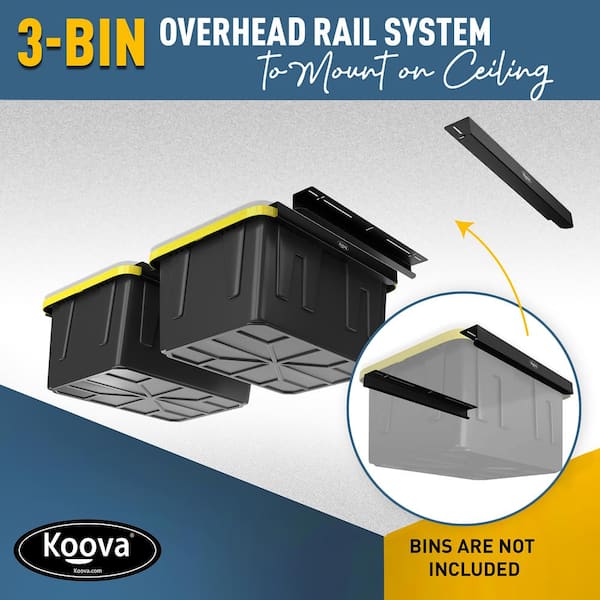 KOOVA 3 in. W x 2 in. H x  26 in. D Three Bin Rack Adjustable Height Garage Ceiling Mounted Storage Unit Black