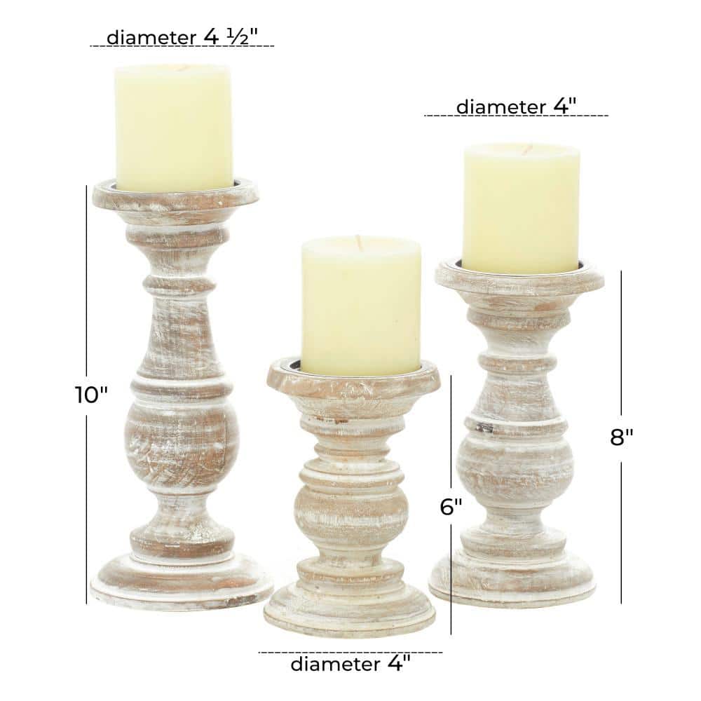 Winter Elegance Cream Mango Wood Pillar Candlestick Trio