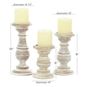 Cream Mango Wood Turned Style Pillar Candle Holder (Set of 3)
