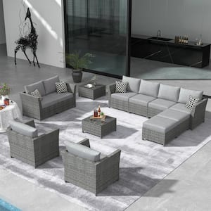 Bexley Gray 12-Piece Wicker Patio Conversation Seating Set with Dark Gray Cushions