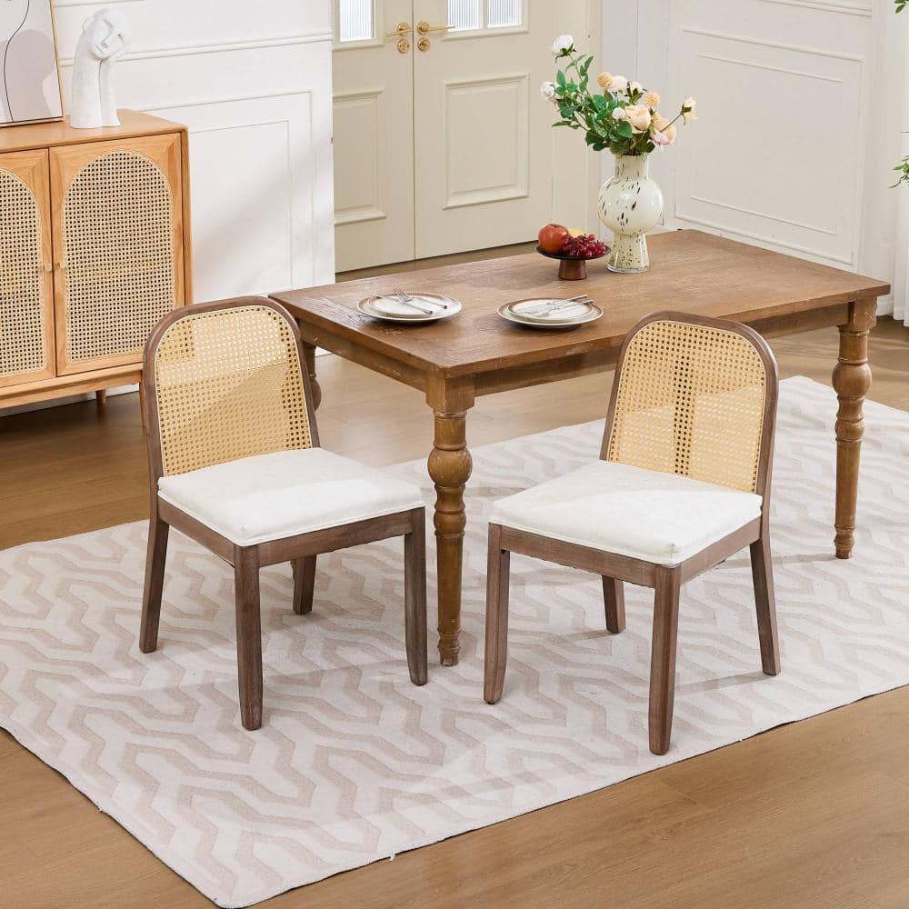 Beige Set of 2 Curved Arched Cane Back Dining Chairs with Distressed Solid Wood Frame and Chenille Cushion price history on PriceWatchPro