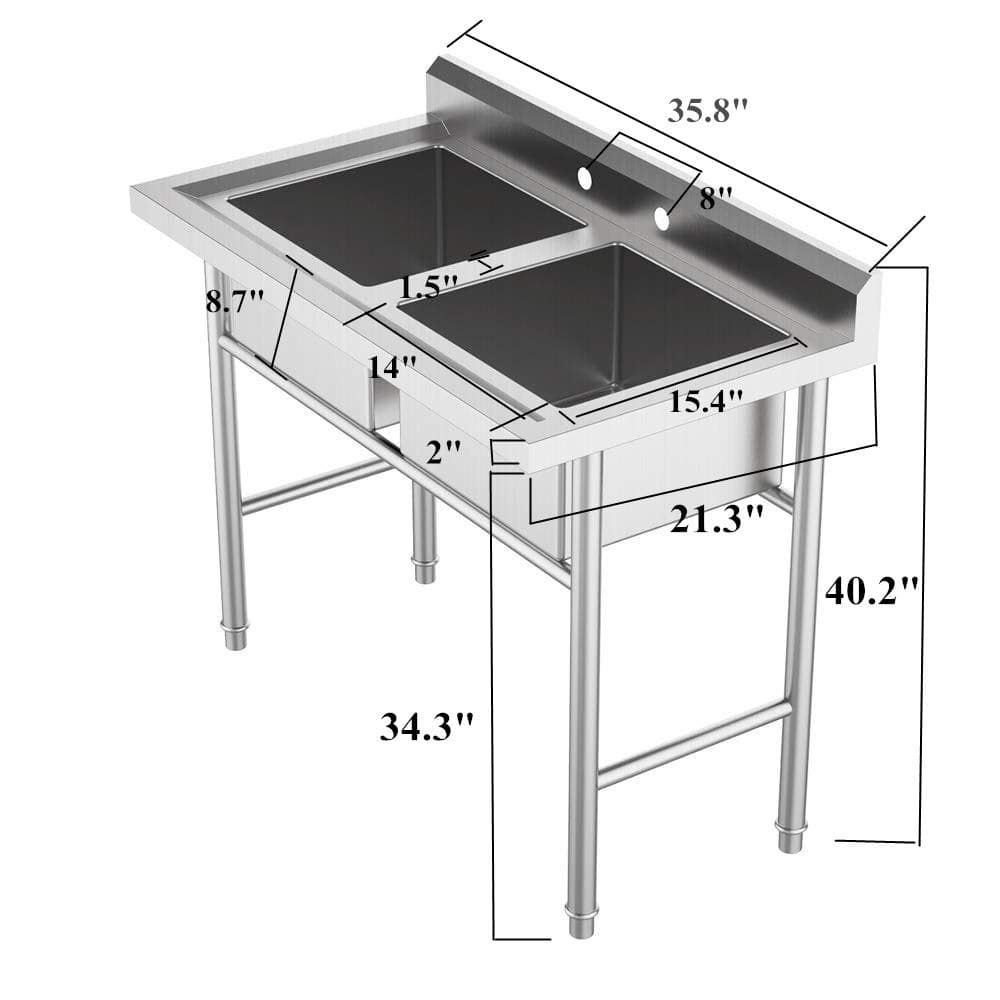 Silver Stainless Steel 36" Double Compartment Utility Sink
