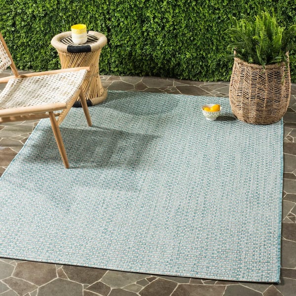 Courtyard Light Blue/Light Gray 4 ft. x 4 ft. Square Solid Indoor/Outdoor Patio  Area Rug
