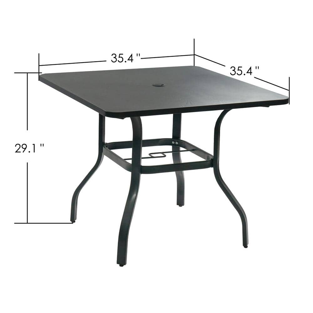 Square Metal Patio Dining Table with Woodgrain Top and Umbrella Hole