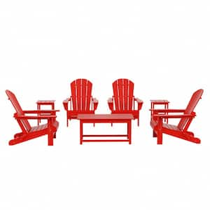 Laguna 7-Piece Fade Resistant Outdoor Patio HDPE Poly Plastic Folding Adirondack Chair Conversation Set in Red