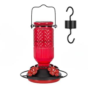 16 oz. Red Glass Hanging Hummingbird Feeder with 4 Bee Guard Feeding Ports and Built-In Ant Moat