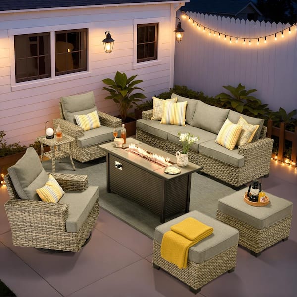 Torino Gray 9-Piece Wicker Outdoor Patio Conversation Deep Sofa Seating Set with Metal Fire Pit and Dark Gray Cushions