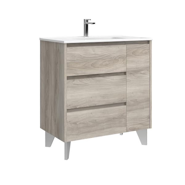 WS Bath Collections Lila 32.0 in. W Single Basin Freestanding Bath Vanity in Grey Pine with Ceramic White Top