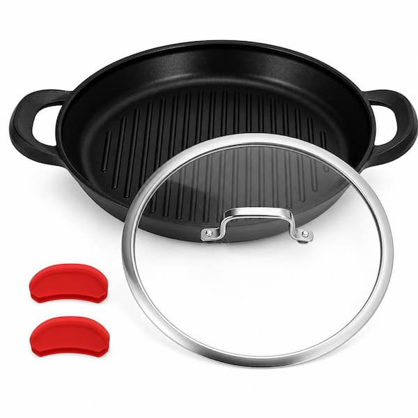 13 in. Nonstick Aluminum Grill Pans Includes Lid and Anti-Scalding Tools in Black, Dishwasher and Oven Safe