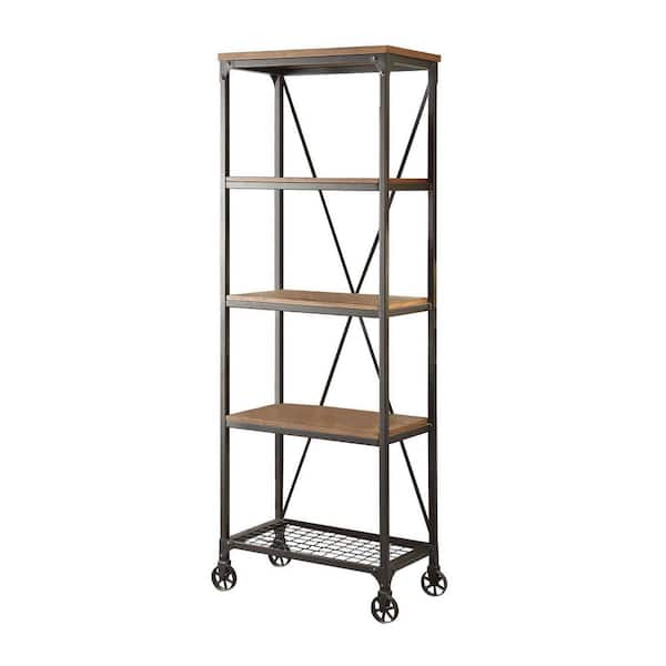EVERGLADE HOME Blanchard 26 in. W Weathered Light Wood and Rustic Black Metal Frame 4-Shelves Standard Bookcase with Casters