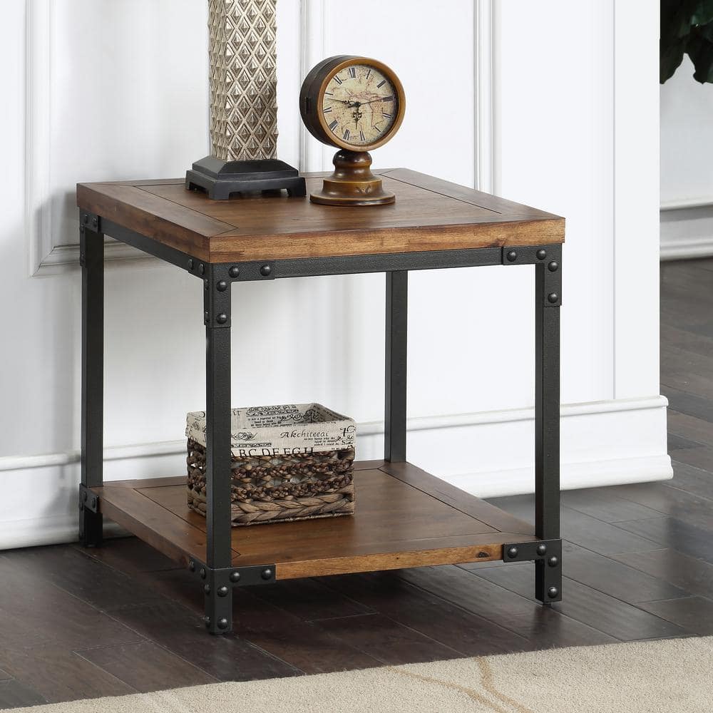 Rustic Acacia Honey & Black Metal Framed End Table