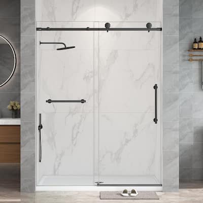 55-60 in. W x 76 in. H Single Sliding Frameless Shower Door in Matte Black with 5/16 in. Clear Tempered Glass
