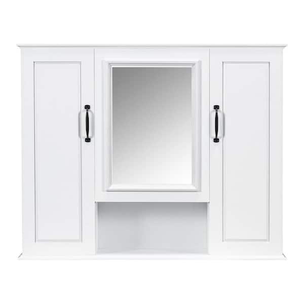36 in. W x 28 in. H White Rectangular Solid Wood Frame Wall Mounted Medicine Cabinet with Mirror