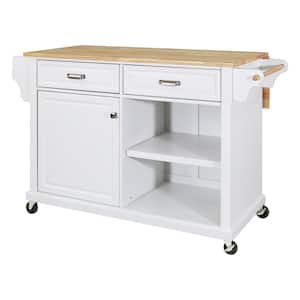White Solid Wood Drop-Leaf Countertop 57.63 in. W Rolling Kitchen Island Cart on Wheels, Removable Caster