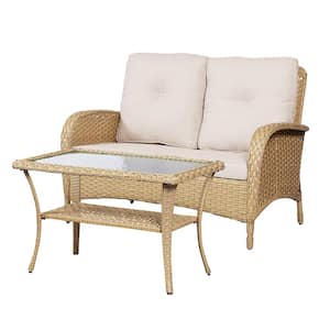 2-Piece Yellow Wicker Outdoor Loveseat Set Patio Rattan Loveseat with Beige Cushions and Coffee Table