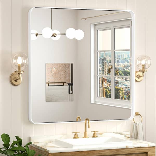 KeonJinn 36 in. W x 36 in. H Modern Rectangular White Aluminum Framed Wall Bathroom Vanity Mirror