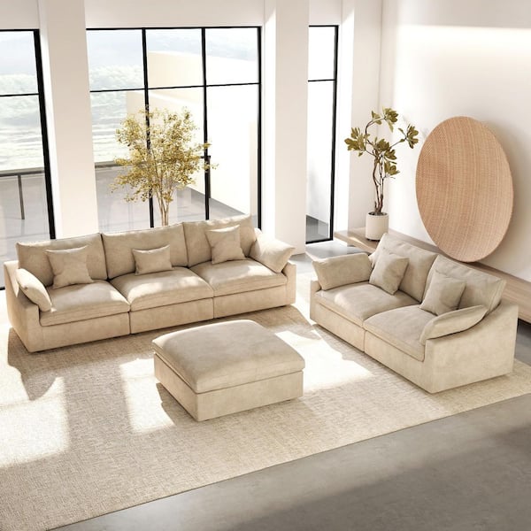 6-Pieces Khaki Linen Modular Sofa, Solid Wood Frame Living Room Set 2 Seats, 3 Seats with Ottoman and Washable Covers